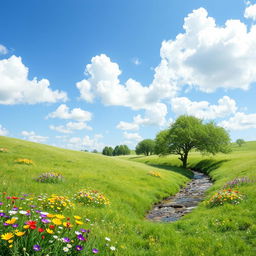 A serene landscape featuring a beautiful meadow with colorful flowers, a gentle stream flowing through, and a clear blue sky with fluffy white clouds