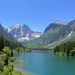 A serene landscape featuring a beautiful lake surrounded by lush greenery and tall mountains in the background under a clear blue sky