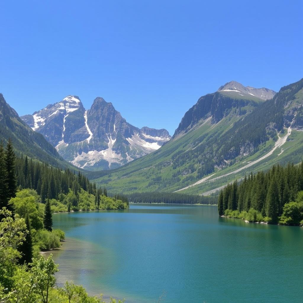 A serene landscape featuring a beautiful lake surrounded by lush greenery and tall mountains in the background under a clear blue sky