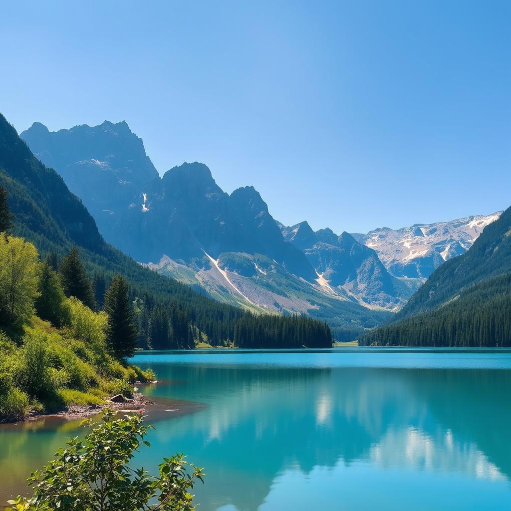 A serene landscape featuring a beautiful lake surrounded by lush greenery and tall mountains in the background under a clear blue sky