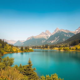 A serene landscape featuring a beautiful lake surrounded by lush greenery and tall mountains in the background under a clear blue sky