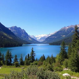 A serene landscape featuring a beautiful lake surrounded by lush greenery and tall mountains in the background under a clear blue sky