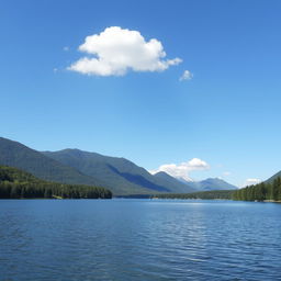 A serene landscape featuring a calm lake surrounded by lush green trees and mountains in the background, with a clear blue sky and a few fluffy white clouds above