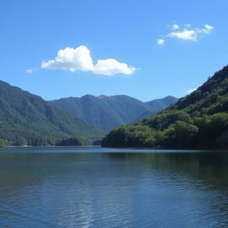 A serene landscape featuring a calm lake surrounded by lush green trees and mountains in the background, with a clear blue sky and a few fluffy white clouds above