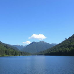 A serene landscape featuring a calm lake surrounded by lush green trees and mountains in the background, with a clear blue sky and a few fluffy white clouds above