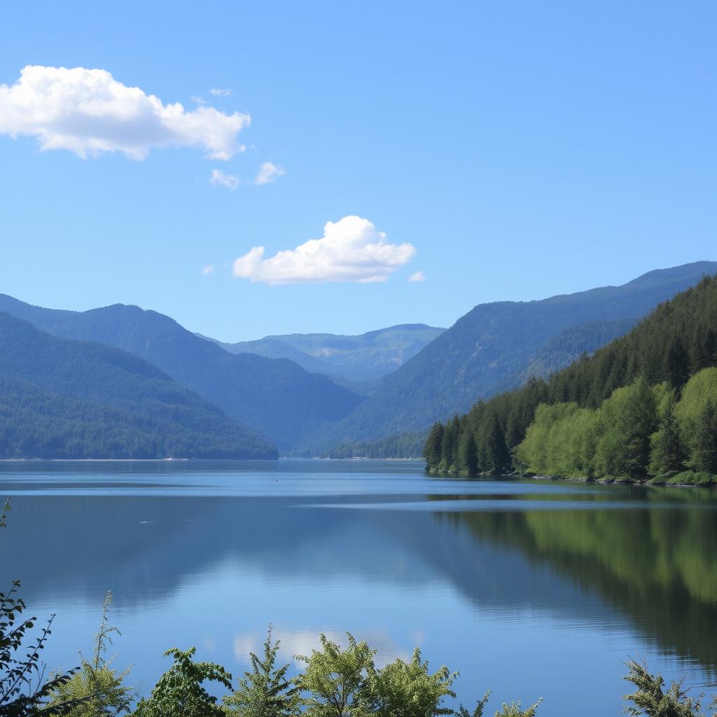 A serene landscape featuring a calm lake surrounded by lush green trees and mountains in the background, with a clear blue sky and a few fluffy white clouds above