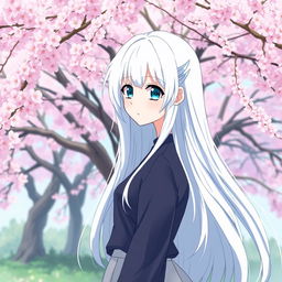 A manga-style girl with long white hair and blue eyes, standing in front of a backdrop of Sakura trees in full bloom