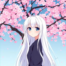 A manga-style girl with long white hair and blue eyes, standing in front of a backdrop of Sakura trees in full bloom