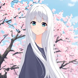 A manga-style girl with long white hair and blue eyes, standing in front of a backdrop of Sakura trees in full bloom