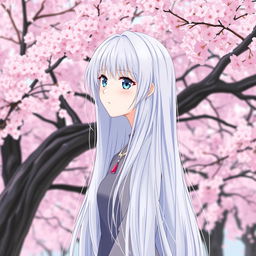 A manga-style girl with long white hair and blue eyes, standing in front of a backdrop of Sakura trees in full bloom