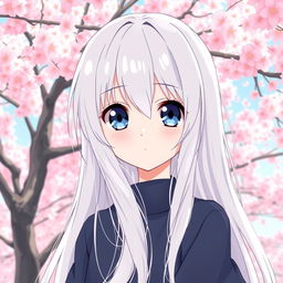 A manga-style girl with long white hair and large blue eyes, standing in front of a backdrop of Sakura trees in full bloom