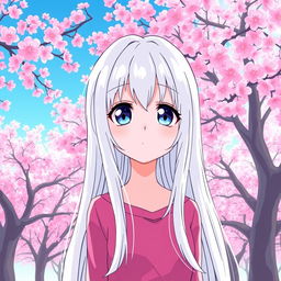 A manga-style girl with long white hair and large blue eyes, standing in front of a backdrop of Sakura trees in full bloom