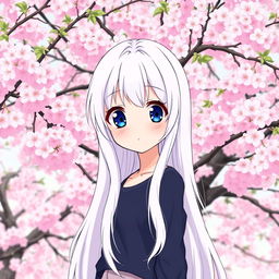 A manga-style girl with long white hair and large blue eyes, standing in front of a backdrop of Sakura trees in full bloom