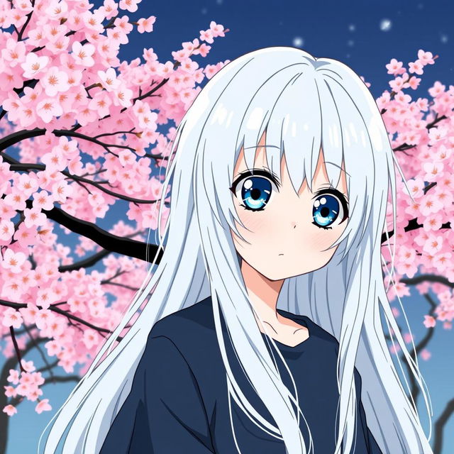 A manga-style girl with long white hair and large blue eyes, standing in front of a backdrop of Sakura trees in full bloom