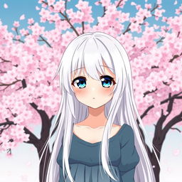 A manga-style girl with long white hair and large blue eyes, standing in front of a backdrop of Sakura trees in full bloom