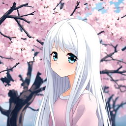 A manga-style girl with long white hair and large blue eyes, standing in front of a backdrop of Sakura trees in full bloom