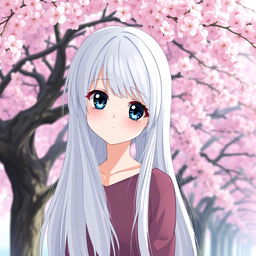 A manga-style girl with long white hair and large blue eyes, standing in front of a backdrop of Sakura trees in full bloom