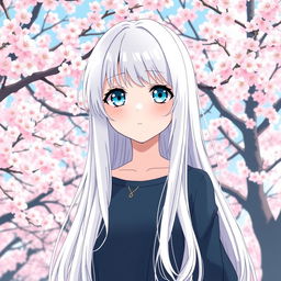 A manga-style girl with long white hair and large blue eyes, standing in front of a backdrop of Sakura trees in full bloom