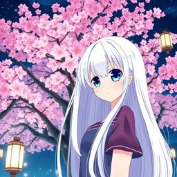 A manga-style girl with long white hair and large blue eyes, standing in front of a backdrop of Sakura trees in full bloom at night