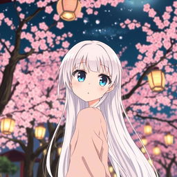 A manga-style girl with long white hair and large blue eyes, standing in front of a backdrop of Sakura trees in full bloom at night