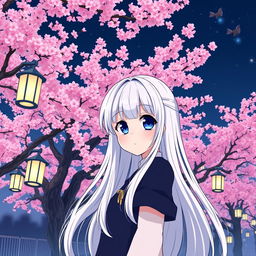 A manga-style girl with long white hair and large blue eyes, standing in front of a backdrop of Sakura trees in full bloom at night