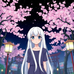 A manga-style girl with long white hair and large blue eyes, standing in front of a backdrop of Sakura trees in full bloom at night