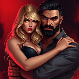 Digital art of a beautiful blonde young woman with yellow eyes who has femme fatale vibes, embracing a tall, handsome man with a big build, green eyes, facial hair, black hair, and dark, menacing anti-hero vibes