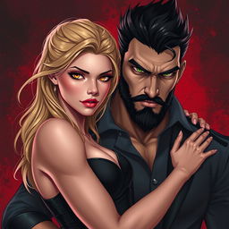 Digital art of a beautiful blonde young woman with yellow eyes who has femme fatale vibes, embracing a tall, handsome man with a big build, green eyes, facial hair, black hair, and dark, menacing anti-hero vibes