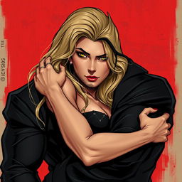 Digital art of a beautiful blonde young woman with yellow eyes who has femme fatale vibes, embracing a tall, handsome man with a big build, green eyes, facial hair, black hair, and dark, menacing anti-hero vibes