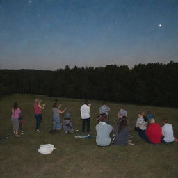 A group of people attentively observing animal behavior while simultaneously sketching the various celestial bodies in the nighttime sky.