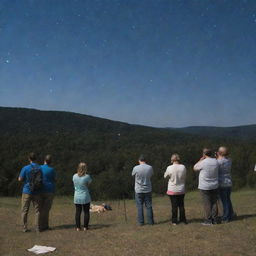 A group of people attentively observing animal behavior while simultaneously sketching the various celestial bodies in the nighttime sky.