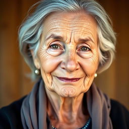 A detailed portrait of a mature woman with a kind expression, showcasing her wisdom and experience