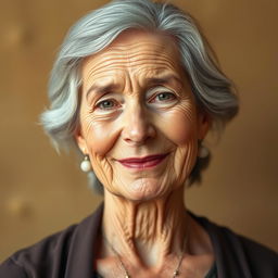 A detailed portrait of a mature woman with a kind expression, showcasing her wisdom and experience