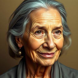 A detailed portrait of a mature woman with a kind expression, showcasing her wisdom and experience