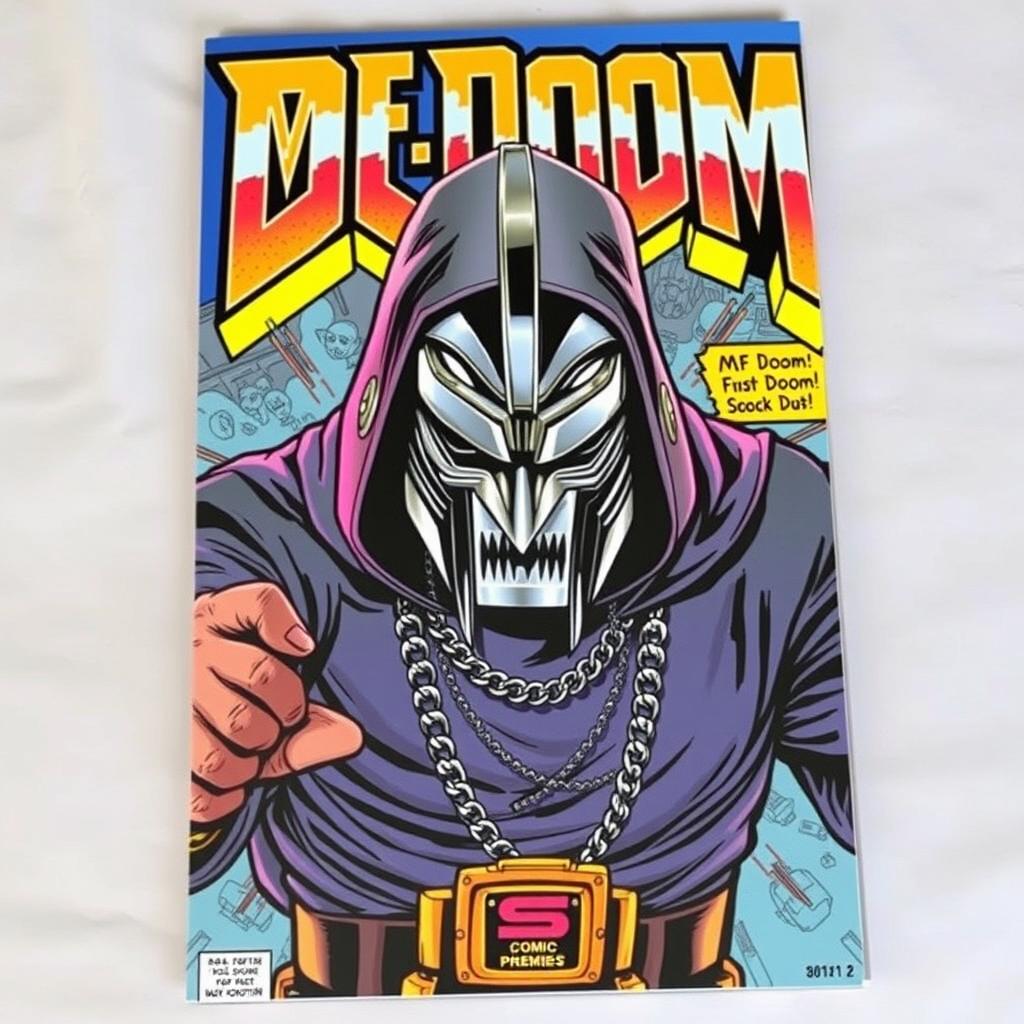 A dynamic comic book cover featuring MF DOOM, the iconic rapper, wearing his signature metal mask