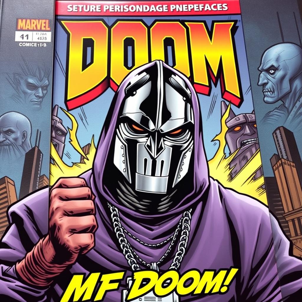 A dynamic comic book cover featuring MF DOOM, the iconic rapper, wearing his signature metal mask