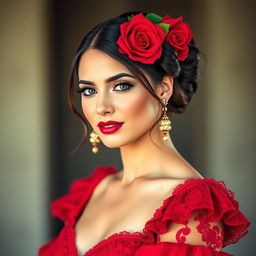 A beautiful and elegant Spanish woman, dressed in traditional flamenco attire with a red dress and a rose in her hair