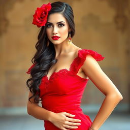 A beautiful and elegant Spanish woman, dressed in traditional flamenco attire with a red dress and a rose in her hair