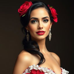 A beautiful and elegant Spanish woman, dressed in traditional flamenco attire with a red dress and a rose in her hair