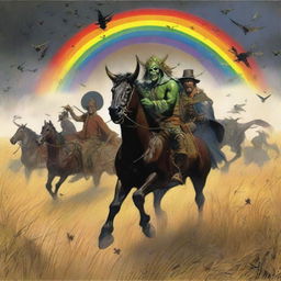 A fantastical scene featuring Grasshopper demons riding in the fields of barley, heading into a storm with a rainbow in the background