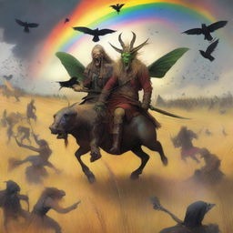 A fantastical scene featuring Grasshopper demons riding in the fields of barley, heading into a storm with a rainbow in the background