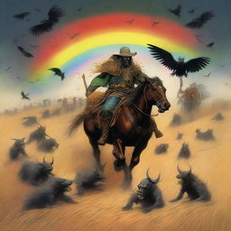 A fantastical scene featuring Grasshopper demons riding in the fields of barley, heading into a storm with a rainbow in the background