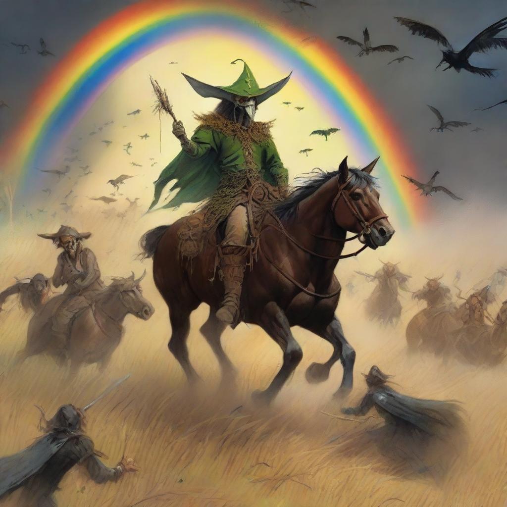 A fantastical scene featuring Grasshopper demons riding in the fields of barley, heading into a storm with a rainbow in the background