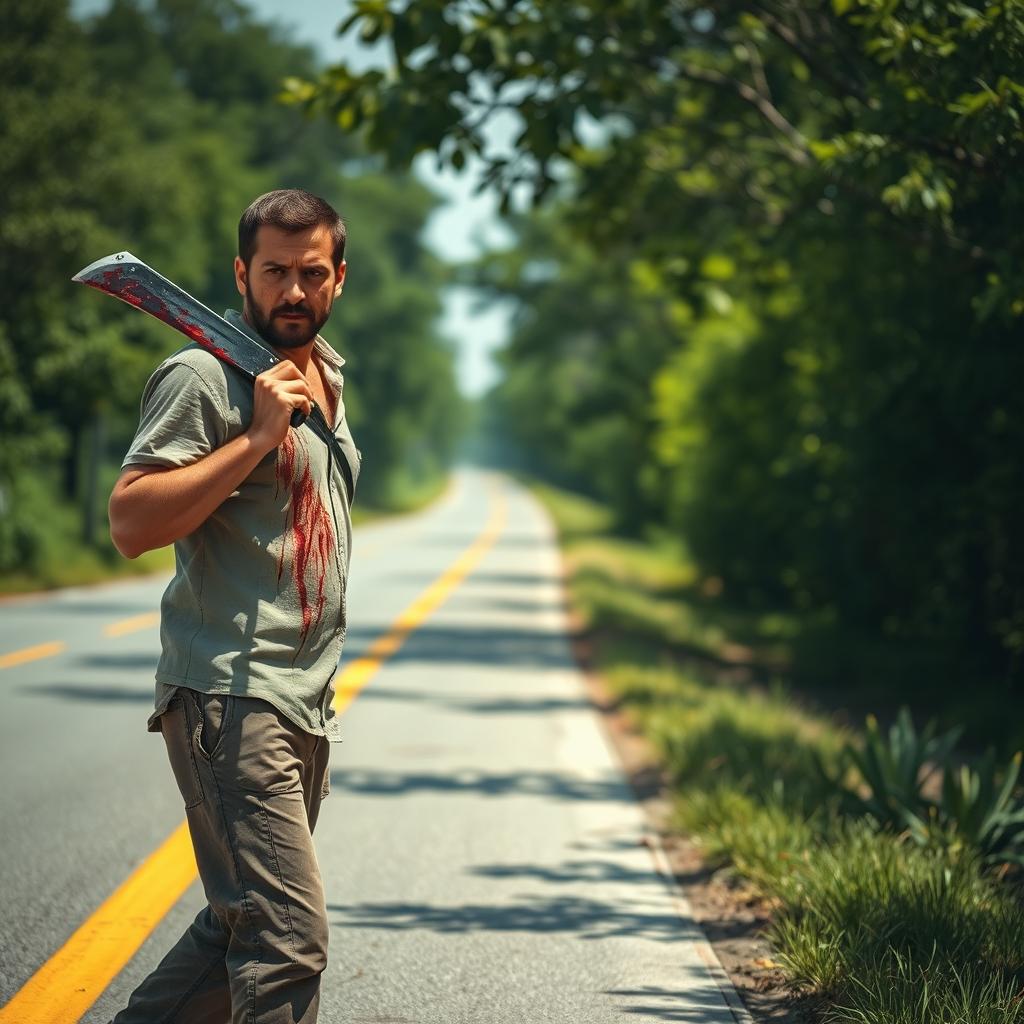 A man walking on the side of the road in summer, carrying a bloody machete