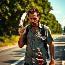 A man walking on the side of the road in summer, carrying a bloody machete