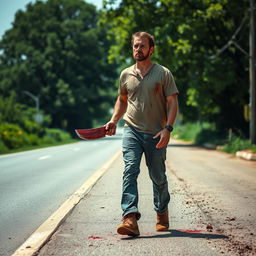 A man walking on the side of the road in summer, carrying a bloody machete