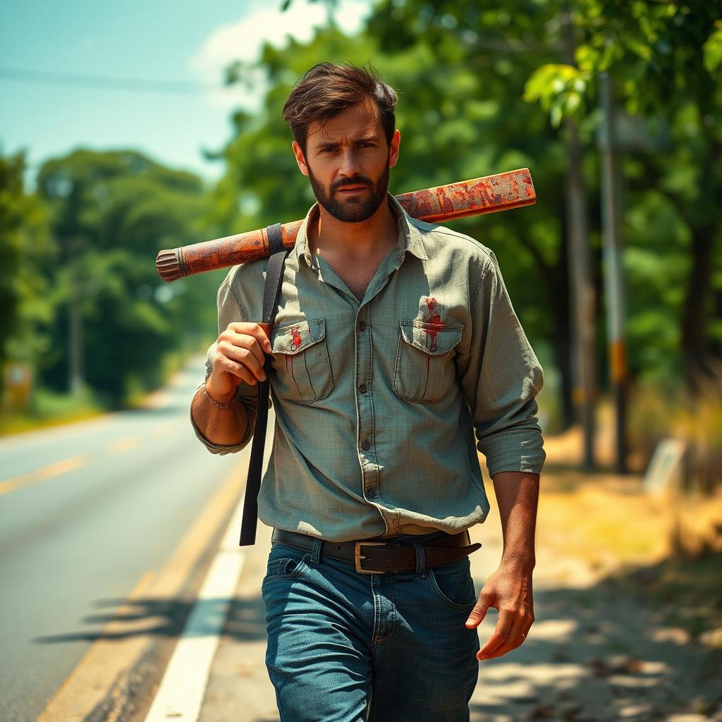 A man walking on the side of the road in summer, carrying a bloody machete