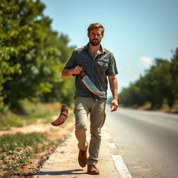 A man walking on the side of the road in summer, carrying a bloody machete