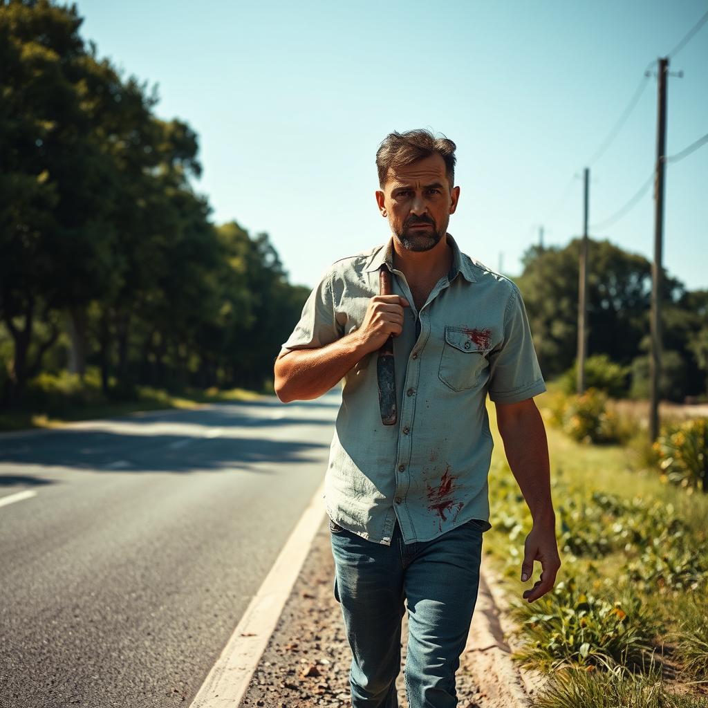 A man walking on the side of the road in summer, carrying a bloody machete