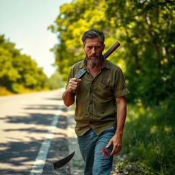 A man walking on the side of the road in summer, carrying a bloody machete